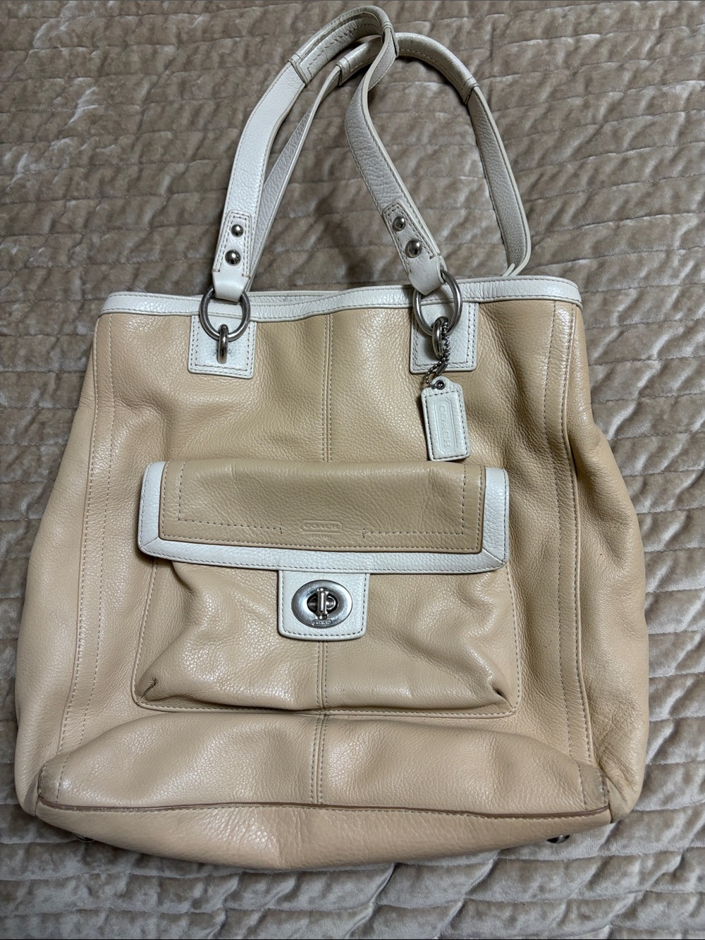 Coach Beige and White Leather Shoulder Tote with Front Pocket